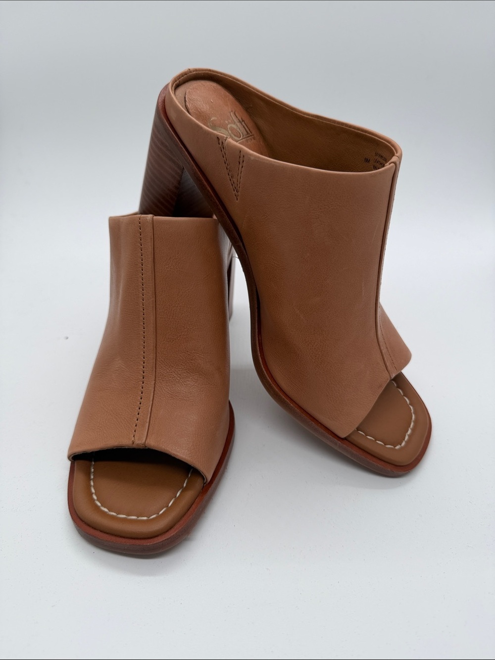 Sofft Women's Open-Toe Mule Heels in Tan Leather